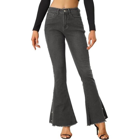 Allegra K retro Flared Stretch High Waist Dark Wash black Denim Jeans Large NWT - Picture 1 of 10